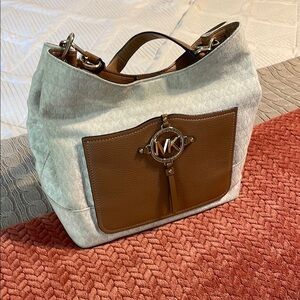 Michael Kors White and Brown Shoulder Bag with Leather Accents